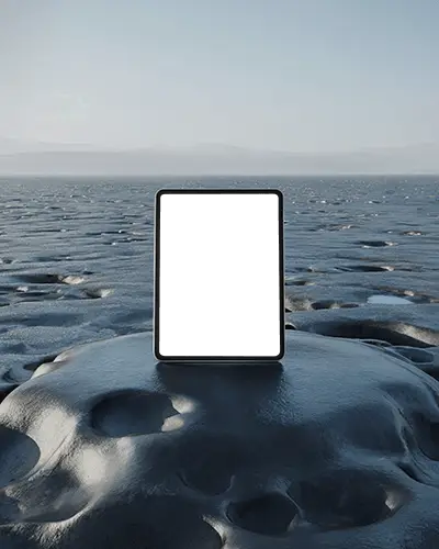 sleek-ipad-air-mockup-upright-on-textured-rock-platform-under-clear-sky-with-surreal-natural-horizon