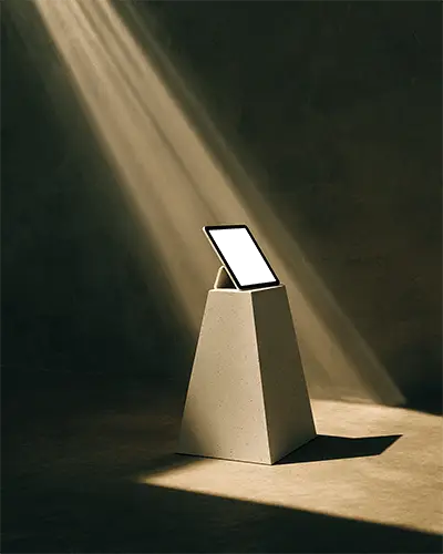 Ipad Mini Mockup On Tall Geometric Pedestal With Dramatic Light Beam In Dark Studio Background