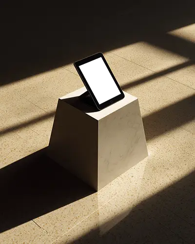Sleek Ipad Pro Mockup Displayed On Geometric Podium In Sunlit Interior With Contrasting Dark Shadows