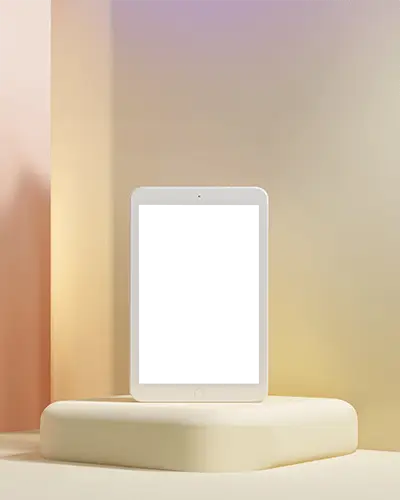 Ipad Mini Mockup Standing On Soft Rounded Pedestal In Studio With Gradient Background