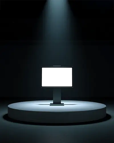 Ipad Air Mockup On Pedestal Under Spotlight In Dark Studio With Modern Minimal Presentation