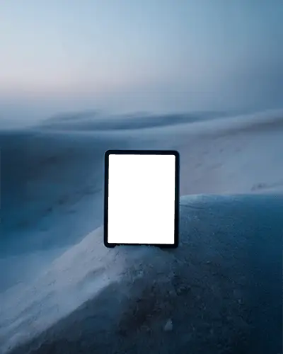 Minimalist Ipad Mini Mockup On Snowy Landscape In Soft Blue Dusk Light Modern Digital Display Scene