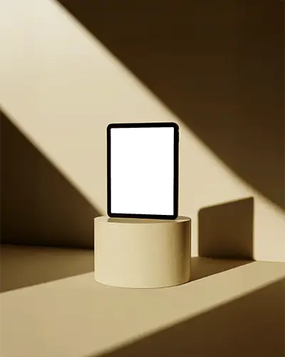Artistic Ipad Mini Mockup Digital Tablet On Pedestal In Studio With Dramatic Light And Shadow Play