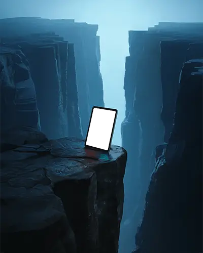 Dramatic Ipad Air Mockup Digital Tablet On Rocky Cliff Edge With Deep Canyon And Mystical Blue Light
