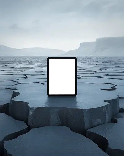 Surreal Ipad Mini Mockup Digital Tablet On Cracked Earth Platform In Moody Desert Landscape Setting