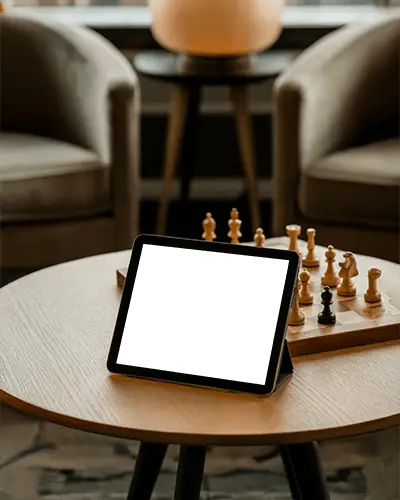 Cozy Ipad Air Mockup Digital Tablet On Wooden Table Beside Chess Set In Warm Lounge Interior Setting