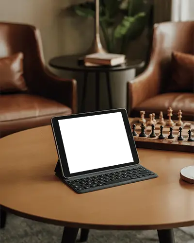 Stylish Ipad Mini Mockup Modern Device Staged On Table In Warm Interior With Chessboard Background
