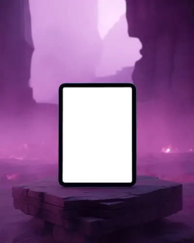 Surreal Ipad Pro Mockup Digital Tablet On Stone Platform With Dramatic Purple Mist And Rock