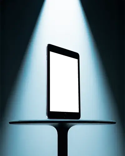 Dramatic Ipad Air Mockup Digital Tablet In Spotlight On Pedestal With Dark Background Studio Style