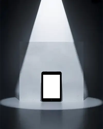 Dramatic Ipad Mini Mockup Digital Tablet In Spotlight Against Minimal Block Background Dark Studio