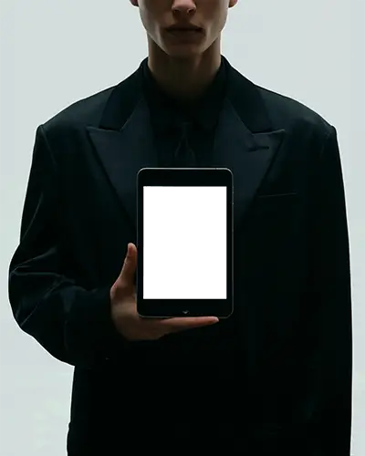 Elegant Ipad Mini Mockup Digital Tablet Held In Hand By Person In Formal Black Suit Minimal Style