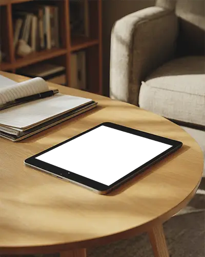 Stylish Ipad Air Mockup Modern Device On Desk With Open Notebook In Comfortable Home Study Setting