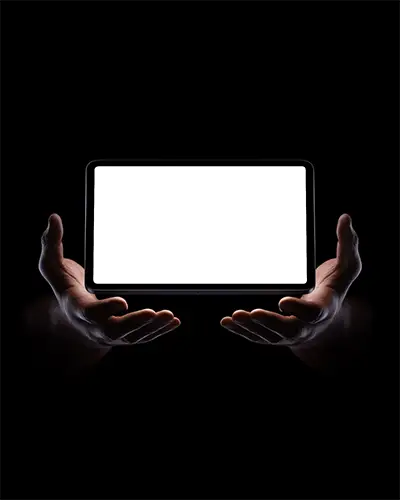 Dramatic Ipad Mini Mockup Digital Tablet Floating Above Hands In Dark Studio With Subtle Lighting