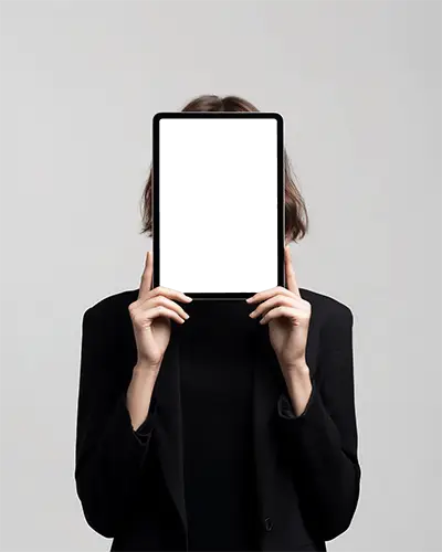 Modern Ipad Air Mockup Digital Tablet Held In Front Of Face By Person In Black Outfit Minimal Style