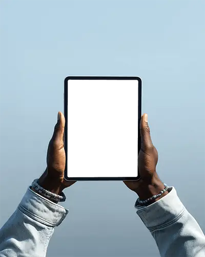 Minimalist Outdoor Ipad Pro Mockup Hands Holding Device Against Clear Sky Background
