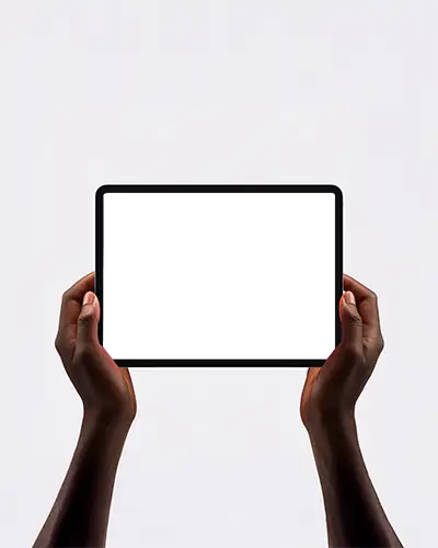 Minimalist Ipad Air Mockup Hands Holding Horizontal Tablet Against Clean White Background