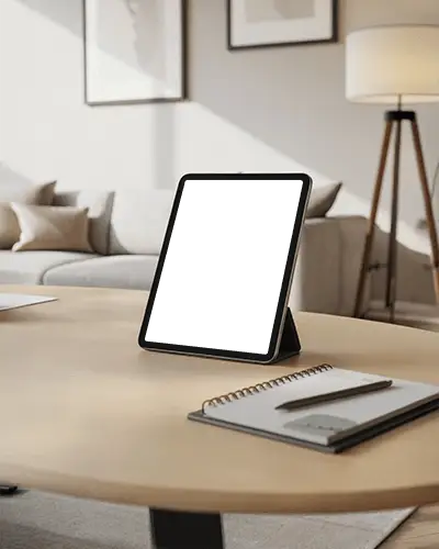 Premium Ipad Mini Mockup Stylish Tablet Placed On Wooden Table Home Interior Background