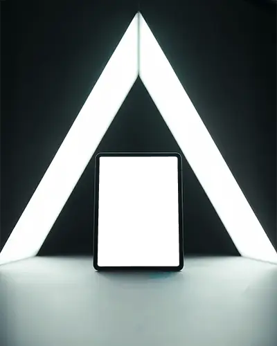 Futuristic Ipad Air Mockup Digital Tablet In Dark Room With Triangle Neon Light Background