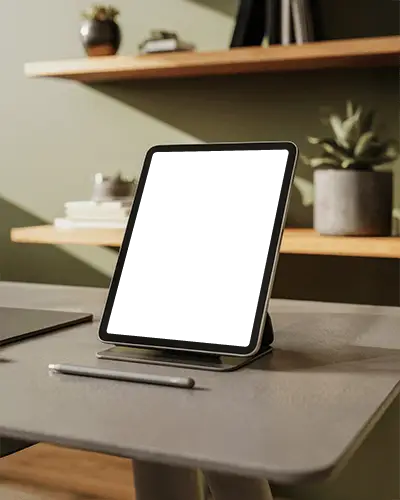 Premium Ipad Pro Mockup Digital Device With Stylus On Work Desk Minimal And Cozy Interior