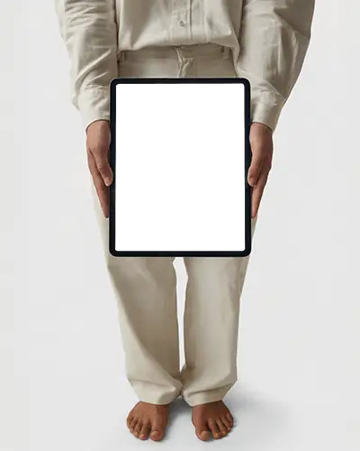 Modern Ipad Pro Mockup Blank Screen Device Held By Individual In Neutral Outfit Studio Lighting