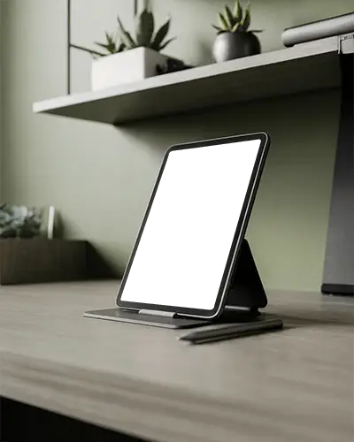 Modern Ipad Air Mockup Digital Tablet On Desk In Cozy Home Office With Green Wall And Plants