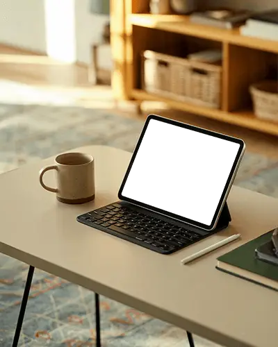 Cozy Ipad Mini Mockup Digital Tablet On Desk With Keyboard Stylus And Coffee In Warm Home Setting