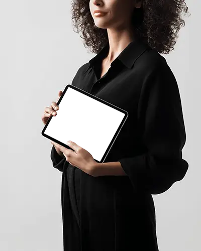 Modern Ipad Air Mockup Device In Hands Of Woman Wearing Black Outfit Against Neutral Backdrop