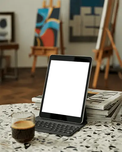 Modern Ipad Mini Mockup Digital Tablet On Keyboard Case With Coffee Cup In Art Studio Setting