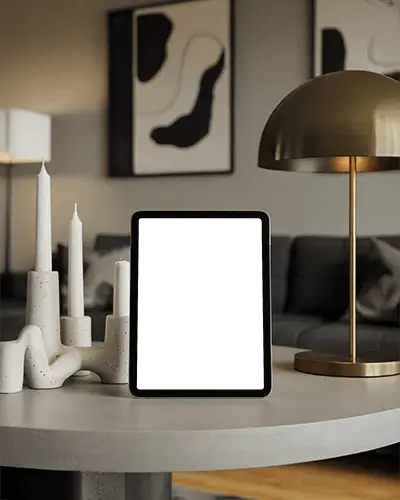 Sleek Ipad Air Mockup Digital Device Staged On Table With Candles And Modern Art