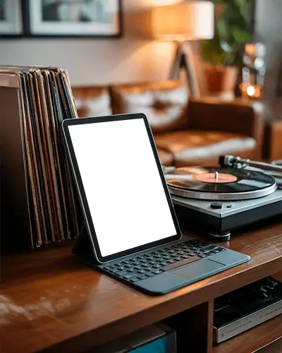 Modern Ipad Pro Mockup Digital Tablet On Desk With Keyboard In Cozy Room With Vinyl Record Player
