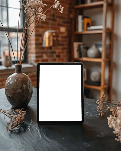 Sleek Ipad Mini Mockup Digital Device Staged On Table With Dried Flowers In Warm Rustic Setting