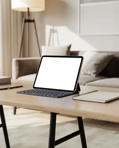 Sleek Ipad Air Mockup Digital Device On Desk In Cozy Home Office With Couch And Floor Lamp