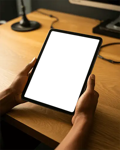 Ipad Pro Mockup Hands Holding Tablet On Wooden Desk Modern Workspace Setup