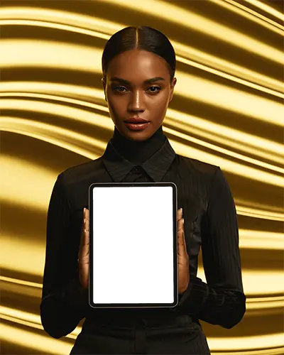 Ipad Air Mockup Woman Holding Tablet With Golden Background Stylish Presentation