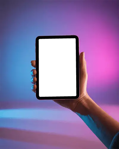 Ipad Mini Handheld Vertical Mockup Digital Tablet Display With Neon Purple Blue Lighting