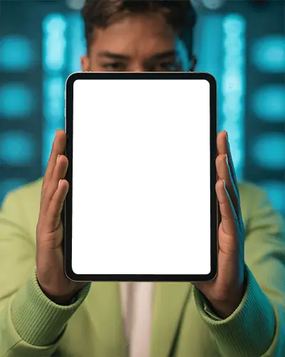 Ipad Air Front Mockup Man Holding Digital Tablet Upright With Futuristic Blue Light Background