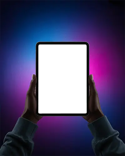 Ipad Pro Vertical Mockup Digital Tablet Held With Both Hands Against Neon Blue Purple Gradient