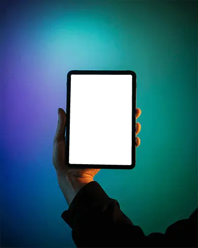 Ipad Mini Vertical Mockup Hand Holding Digital Tablet Against Glowing Purple Teal Gradient Light