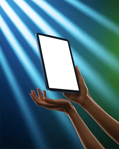 Ipad Air Mockup Dramatic Lighting Two Hands Holding Digital Tablet Uplifted Showcase Scene