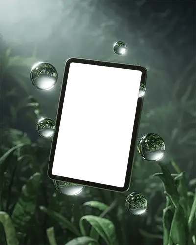 Ipad Pro Floating Mockup Tablet Surrounded By Glass Bubbles And Green Forest Plants Luxury Scene