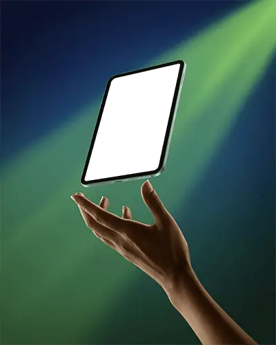 Premium Ipad Air Digital Mockup Vertical Device Rising From Hand Under Dramatic Green Lighting