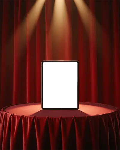 Ipad Pro Premium Mockup On Red Draped Table With Dramatic Spotlight And Theater Curtains