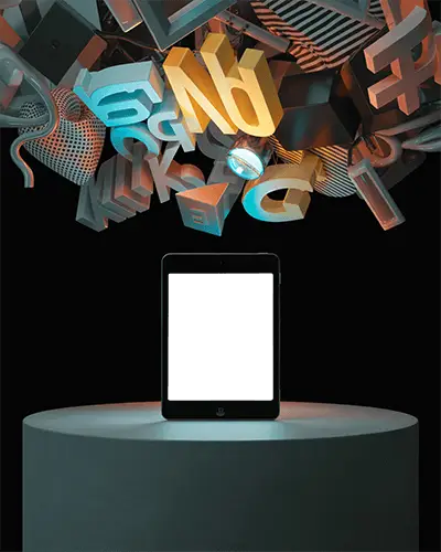 Ipad Mini Mockup On Round Pedestal With Floating 3d Letters And Creative Shapes