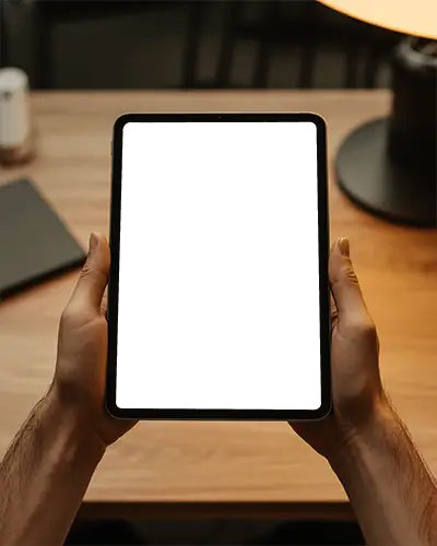 Ipad Pro Mockup In Hands On Wooden Desk With Warm Lamp Light And Cozy Interior Setting