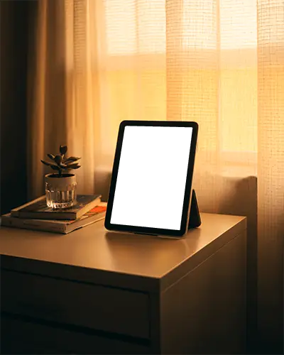 Ipad Mini Mockup On Bedside Table With Books Plant And Cozy Evening Light