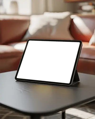 Home Interior Ipad Air Mockup On Table In Warm Bright Living Room For Ui Presentation