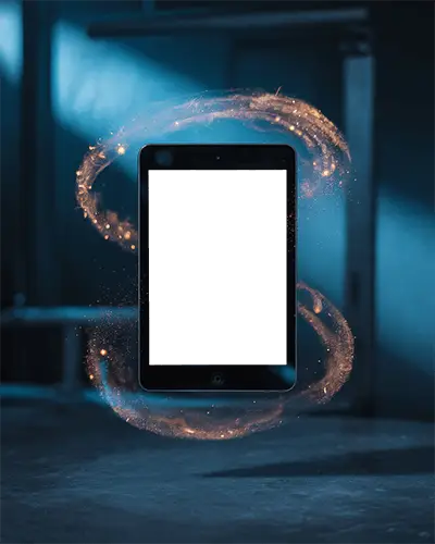 Ipad Mini Mockup Floating In Dark Blue Space With Glowing Orange Energy Rings