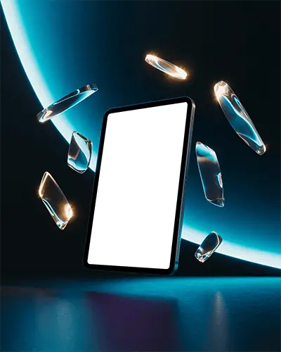 Ipad Air Mockup Floating In Futuristic Blue Glow With Glass Shards And Light Effects