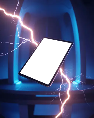 Ipad Pro Mockup Floating In Sci Fi Laboratory With Lightning Electric Energy