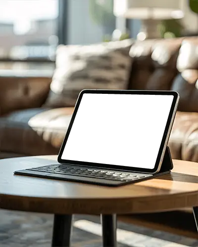 Ipad Air Mockup On Wooden Table With Keyboard In Modern Cozy Living Room